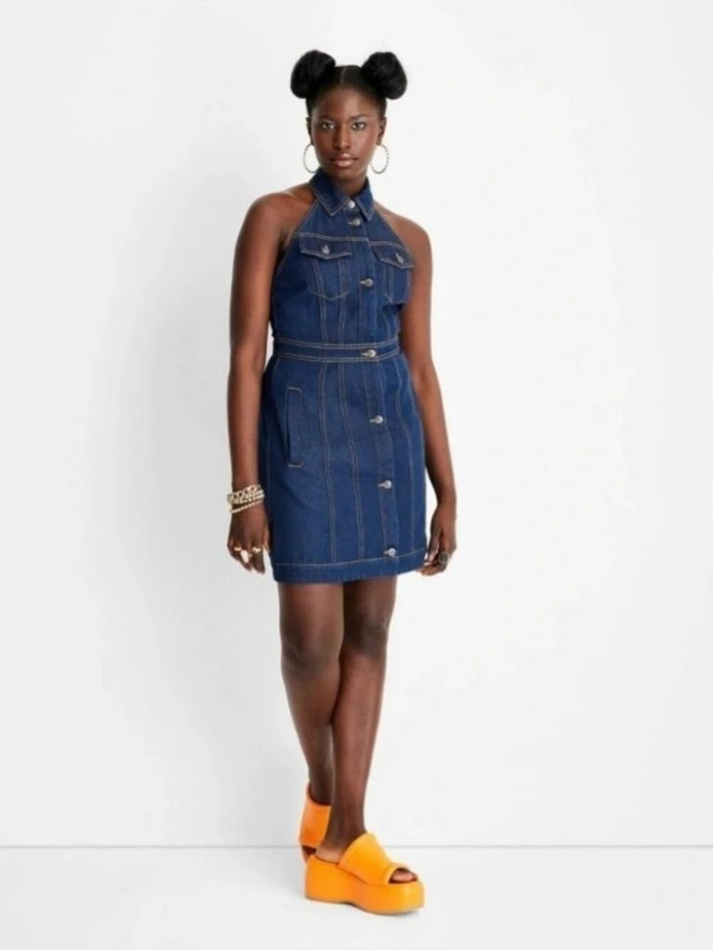 Future Collective Alani Noel Sleeveless Collared Denim Mini Dress - Size 4
